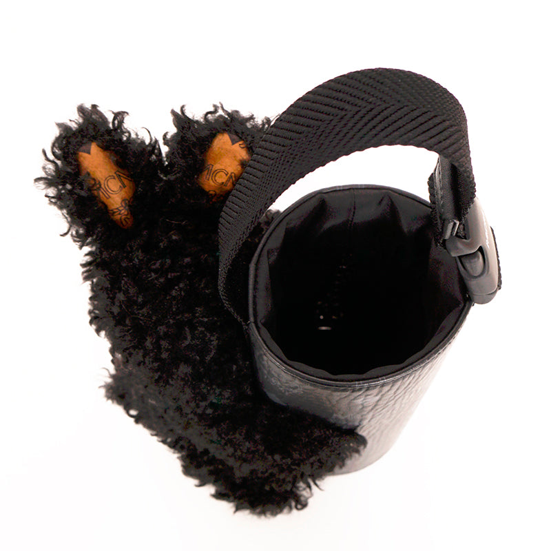 NEW $830 MCM Black Fx Fur RABBIT BUNNY Visetos Logo Park BOTTLE HOLDER BAG NWT