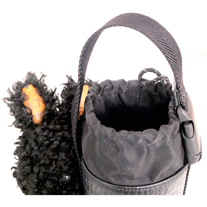 NEW $830 MCM Black Fx Fur RABBIT BUNNY Visetos Logo Park BOTTLE HOLDER BAG NWT