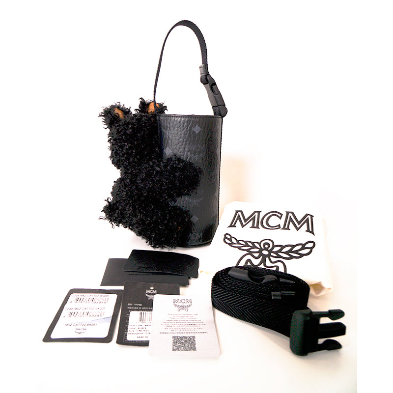 NEW $830 MCM Black Fx Fur RABBIT BUNNY Visetos Logo Park BOTTLE HOLDER BAG NWT