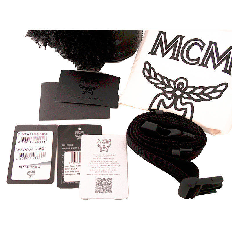 NEW $830 MCM Black Fx Fur RABBIT BUNNY Visetos Logo Park BOTTLE HOLDER BAG NWT