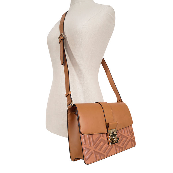 NEW $1,530 MCM Tan Cognac Leather CUBIC LOGO TRACY Shoulder/Crossbody Medium BAG