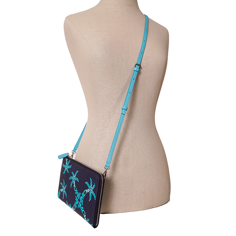 NEW $450 MCM Blue Palm Tree Monogram LOGO Ottomar Travel Pouch MESSENGER BAG NWT
