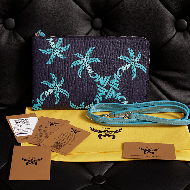 NEW $450 MCM Blue Palm Tree Monogram LOGO Ottomar Travel Pouch MESSENGER BAG NWT