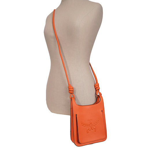 NEW $890 MCM Orange Grained Leather MINI HIMMEL CREST LOGO Hobo Crossbody BAG