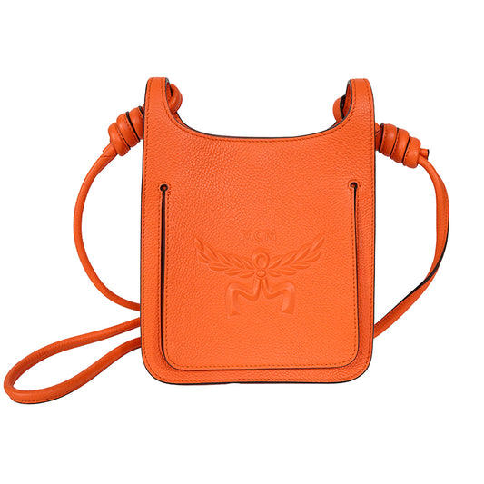 NEW $890 MCM Orange Grained Leather MINI HIMMEL CREST LOGO Hobo Crossbody BAG