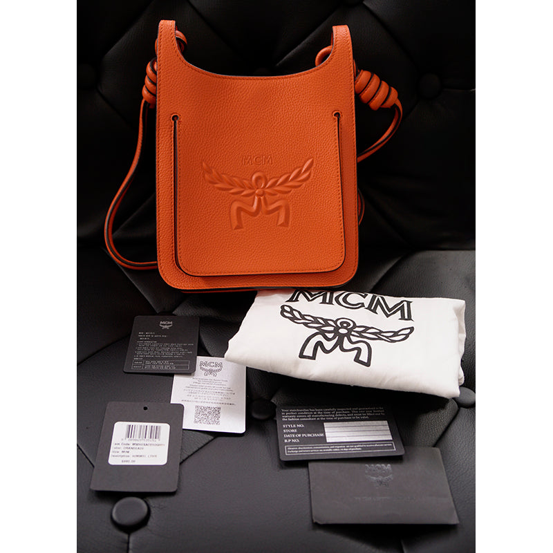 NEW $890 MCM Orange Grained Leather MINI HIMMEL CREST LOGO Hobo Crossbody BAG