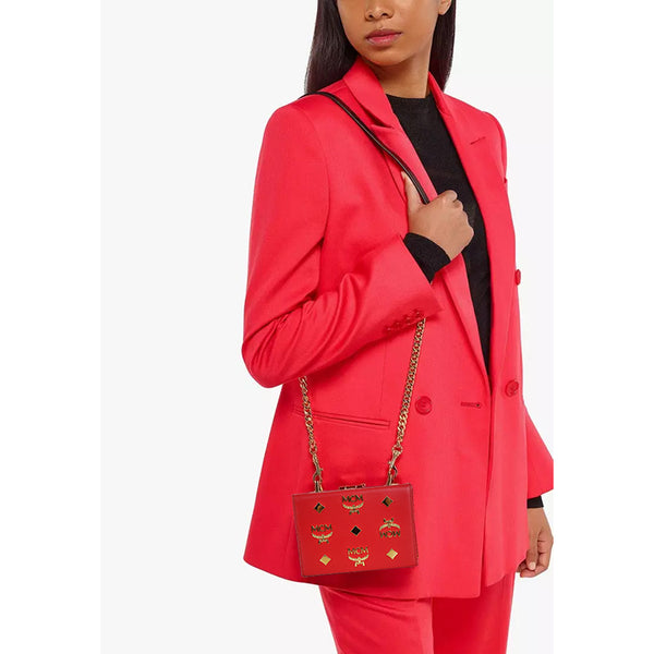 NEW $1,990 MCM Red Lychee Leather BERLIN GOLD LOGO Crossbody Mini LOCK BOX BAG