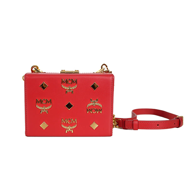NEW $1,990 MCM Red Lychee Leather BERLIN GOLD LOGO Crossbody Mini LOCK BOX BAG