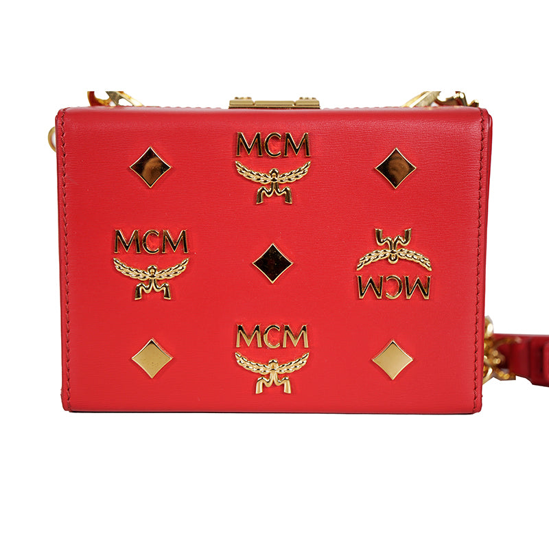 NEW $1,990 MCM Red Lychee Leather BERLIN GOLD LOGO Crossbody Mini LOCK BOX BAG