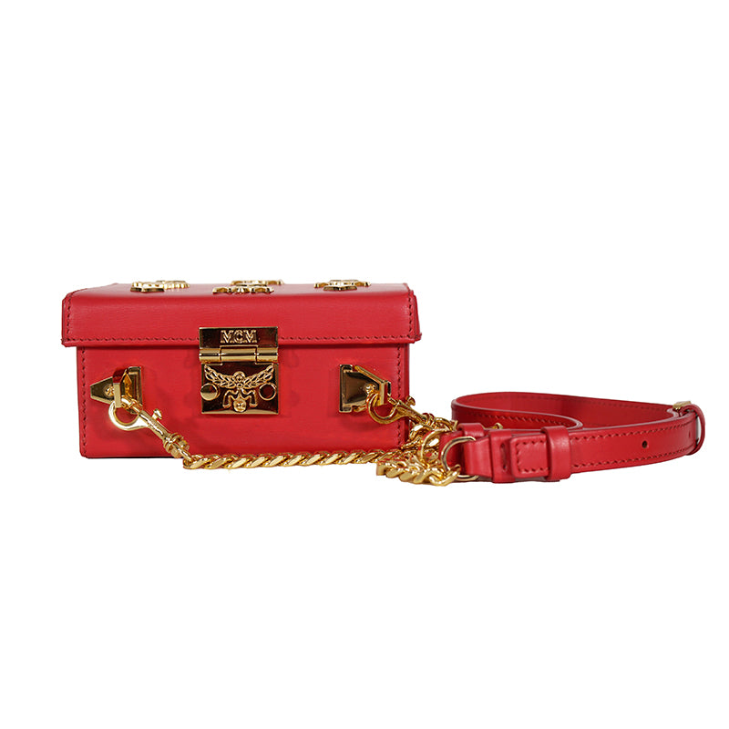 NEW $1,990 MCM Red Lychee Leather BERLIN GOLD LOGO Crossbody Mini LOCK BOX BAG
