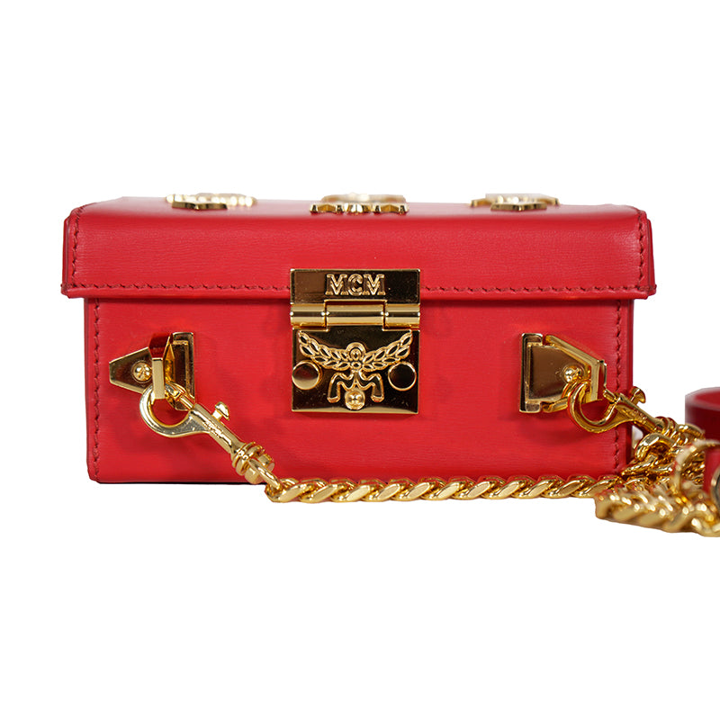 NEW $1,990 MCM Red Lychee Leather BERLIN GOLD LOGO Crossbody Mini LOCK BOX BAG