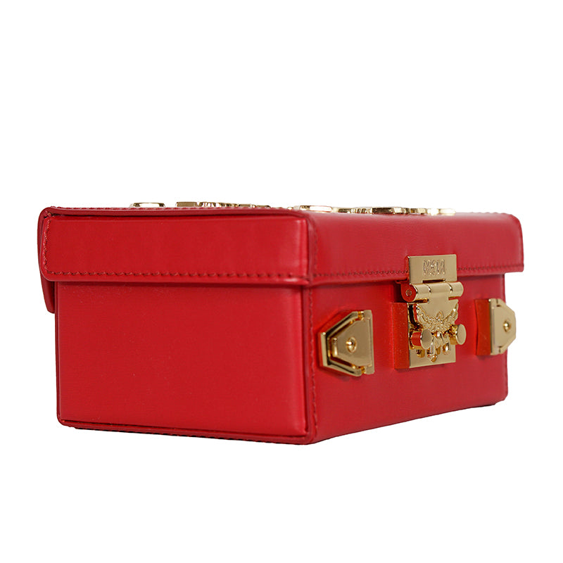 NEW $1,990 MCM Red Lychee Leather BERLIN GOLD LOGO Crossbody Mini LOCK BOX BAG
