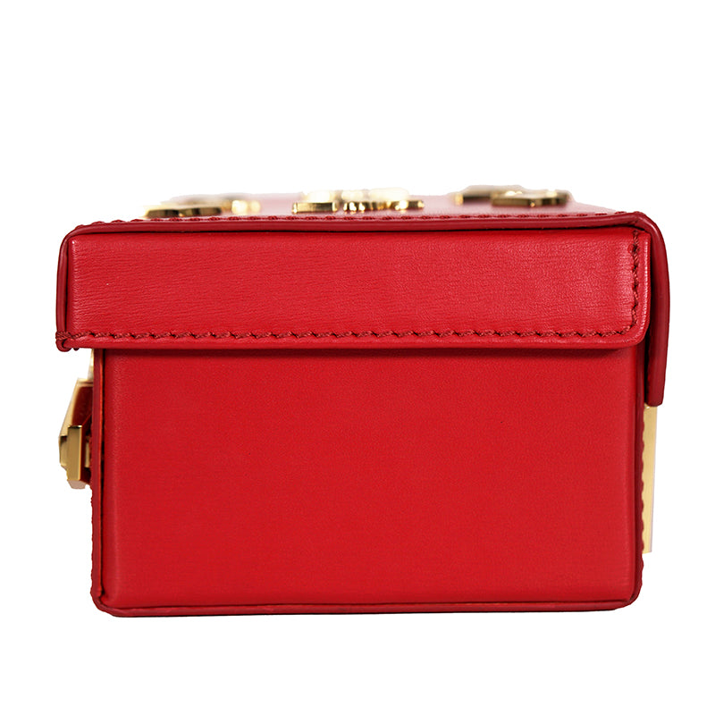 NEW $1,990 MCM Red Lychee Leather BERLIN GOLD LOGO Crossbody Mini LOCK BOX BAG