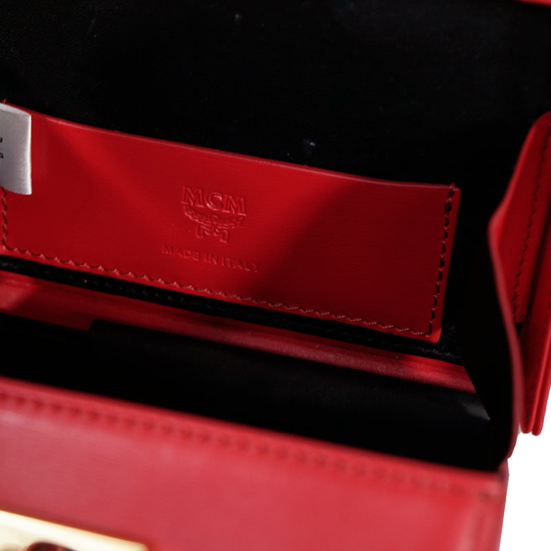 NEW $1,990 MCM Red Lychee Leather BERLIN GOLD LOGO Crossbody Mini LOCK BOX BAG