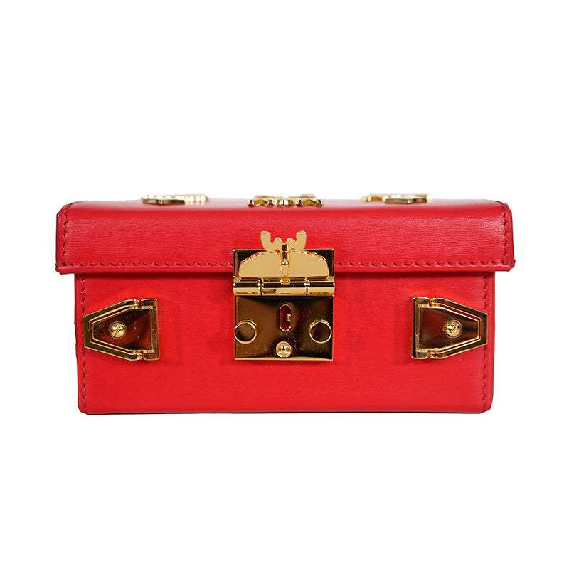 NEW $1,990 MCM Red Lychee Leather BERLIN GOLD LOGO Crossbody Mini LOCK BOX BAG