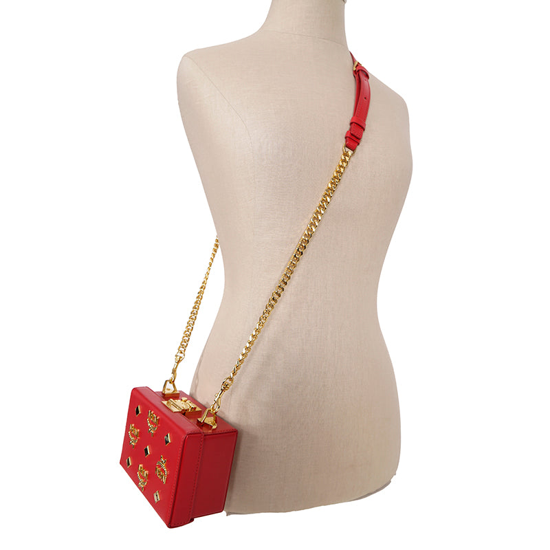 NEW $1,990 MCM Red Lychee Leather BERLIN GOLD LOGO Crossbody Mini LOCK BOX BAG