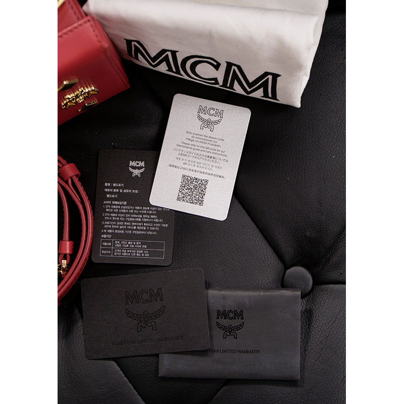 NEW $1,990 MCM Red Lychee Leather BERLIN GOLD LOGO Crossbody Mini LOCK BOX BAG