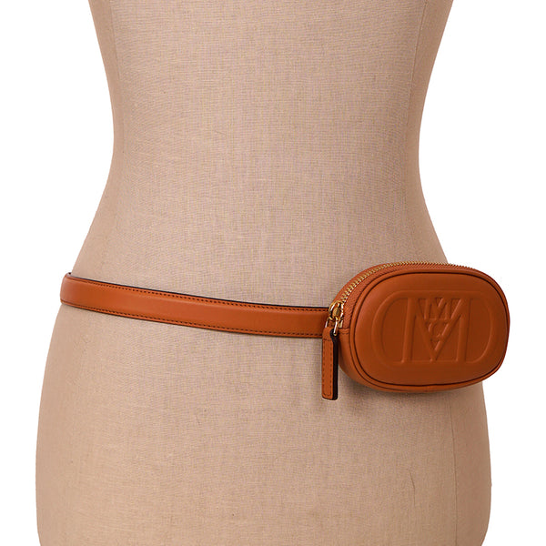 NEW $530 MCM Cognac Brown Nappa Leather Mode Travia LOGO POUCH BAG & BELT NIB XL