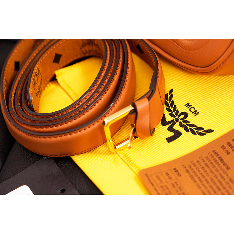 NEW $530 MCM Cognac Brown Nappa Leather Mode Travia LOGO POUCH BAG & BELT NIB XL