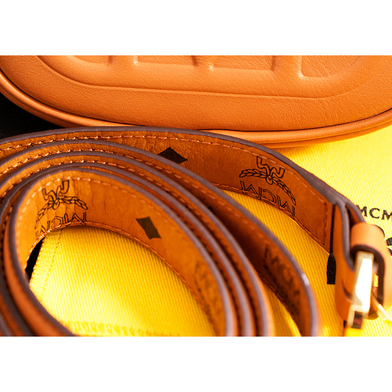 NEW $530 MCM Cognac Brown Nappa Leather Mode Travia LOGO POUCH BAG & BELT NIB XL