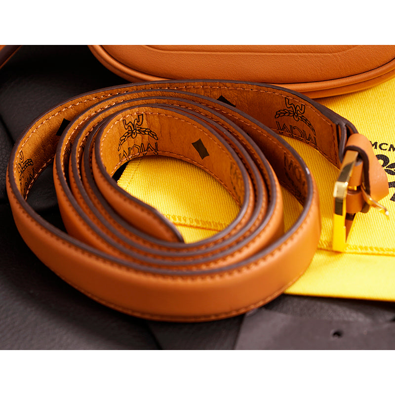 NEW $530 MCM Cognac Brown Nappa Leather Mode Travia LOGO POUCH BAG & BELT NIB XL