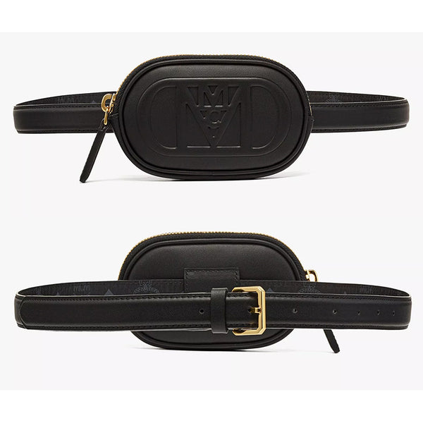 NEW $530 MCM Black Nappa Leather Mode Travia LOGO Oval BAG & Visetos BELT NIB XL