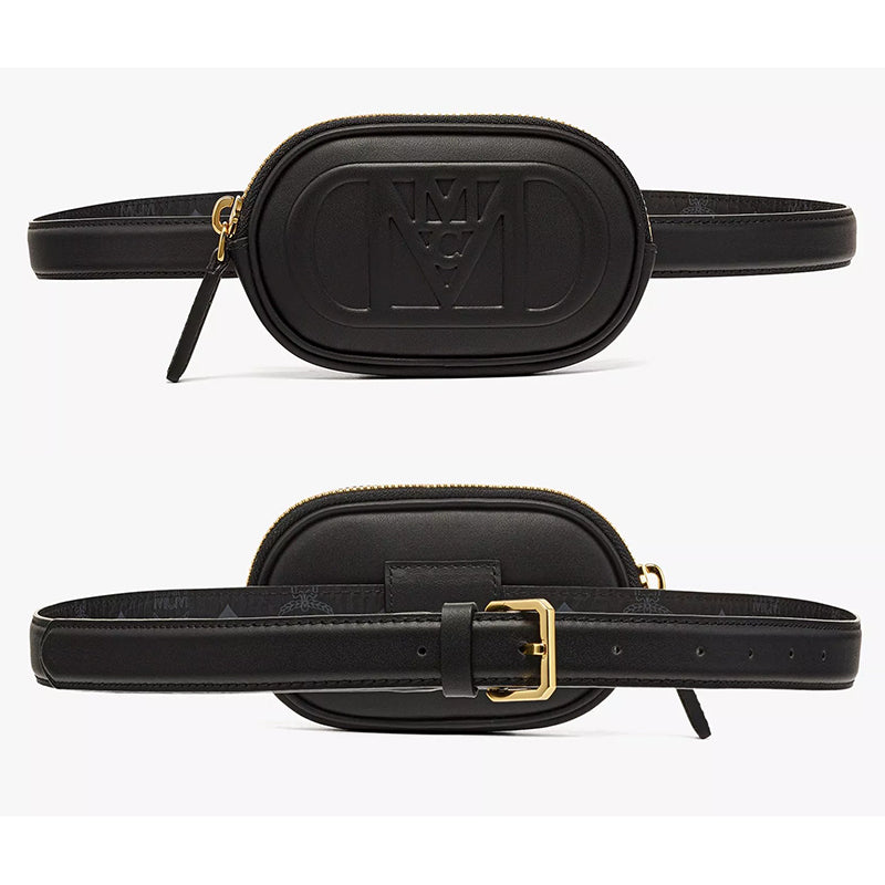 NEW $530 MCM Black Nappa Leather Mode Travia LOGO Oval BAG & Visetos BELT NIB XL
