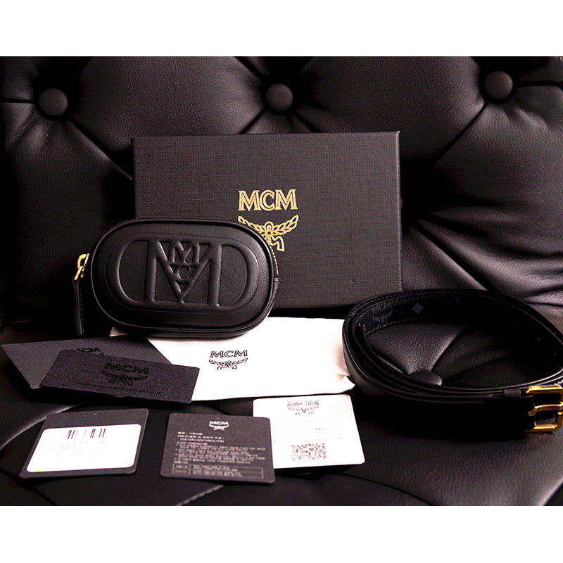 NEW $530 MCM Black Nappa Leather Mode Travia LOGO Oval BAG & Visetos BELT NIB XL