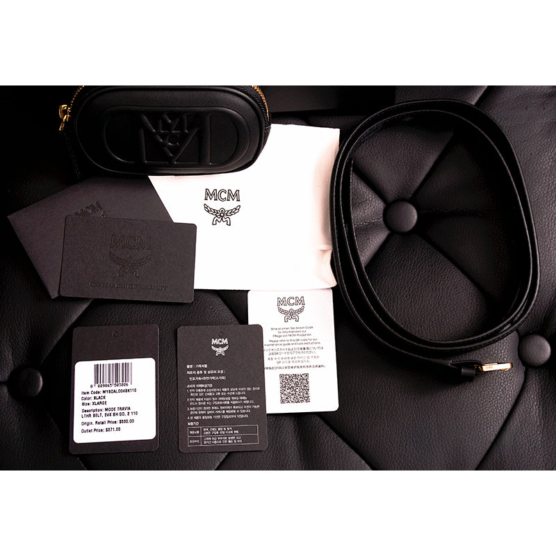 NEW $530 MCM Black Nappa Leather Mode Travia LOGO Oval BAG & Visetos BELT NIB XL