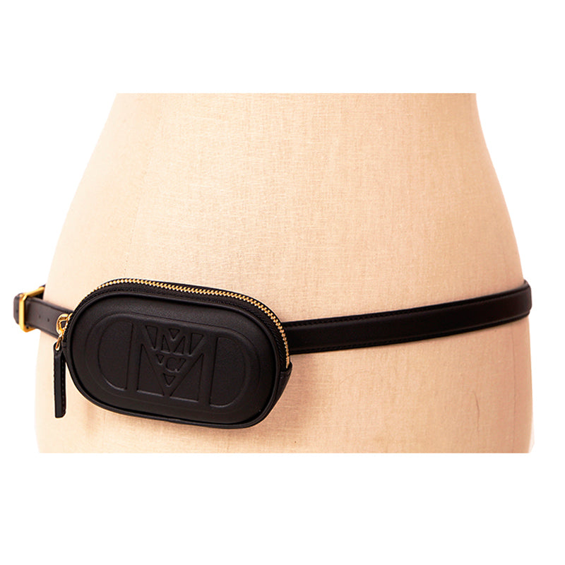 NEW $530 MCM Black Nappa Leather Mode Travia LOGO Oval BAG & Visetos BELT NIB XL