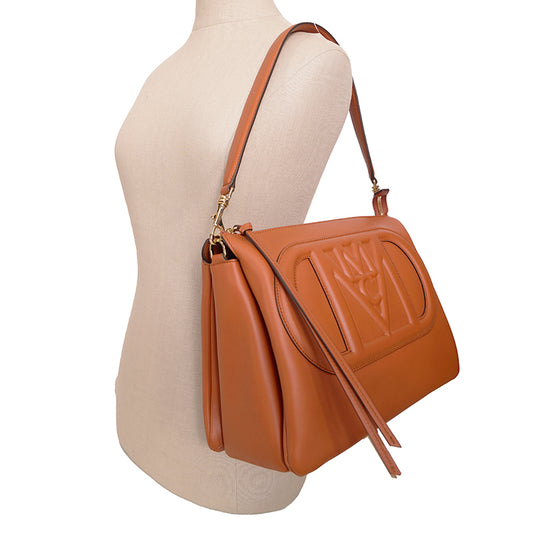 NEW $1,400 MCM Cognac Tan Nappa Leather MODE TRAVIA LOGO Medium 2-Way BAG Italy