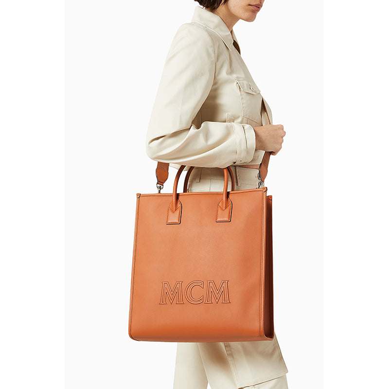NEW $1,090 MCM Cognac Spanish Calf Leather LOGO Medium KLASSIK Tote BAG & STRAP