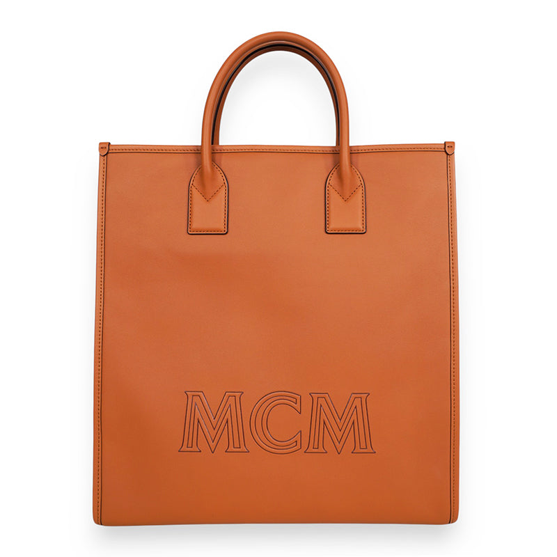 NEW $1,090 MCM Cognac Spanish Calf Leather LOGO Medium KLASSIK Tote BAG & STRAP