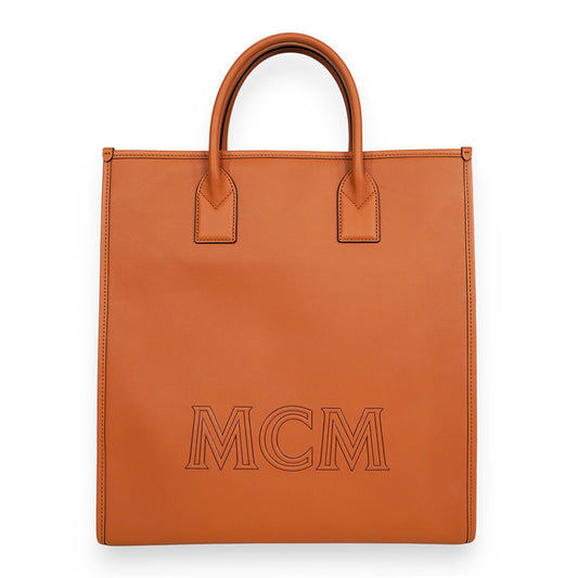 NEW $1,090 MCM Cognac Spanish Calf Leather LOGO Medium KLASSIK Tote BAG & STRAP