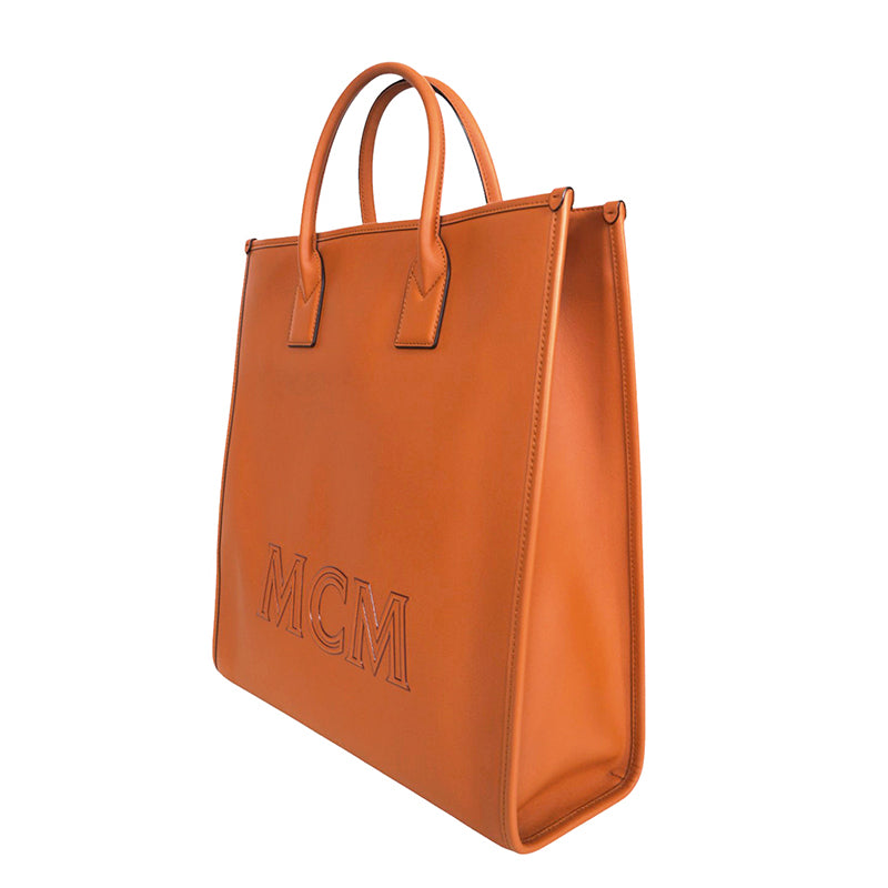 NEW $1,090 MCM Cognac Spanish Calf Leather LOGO Medium KLASSIK Tote BAG & STRAP