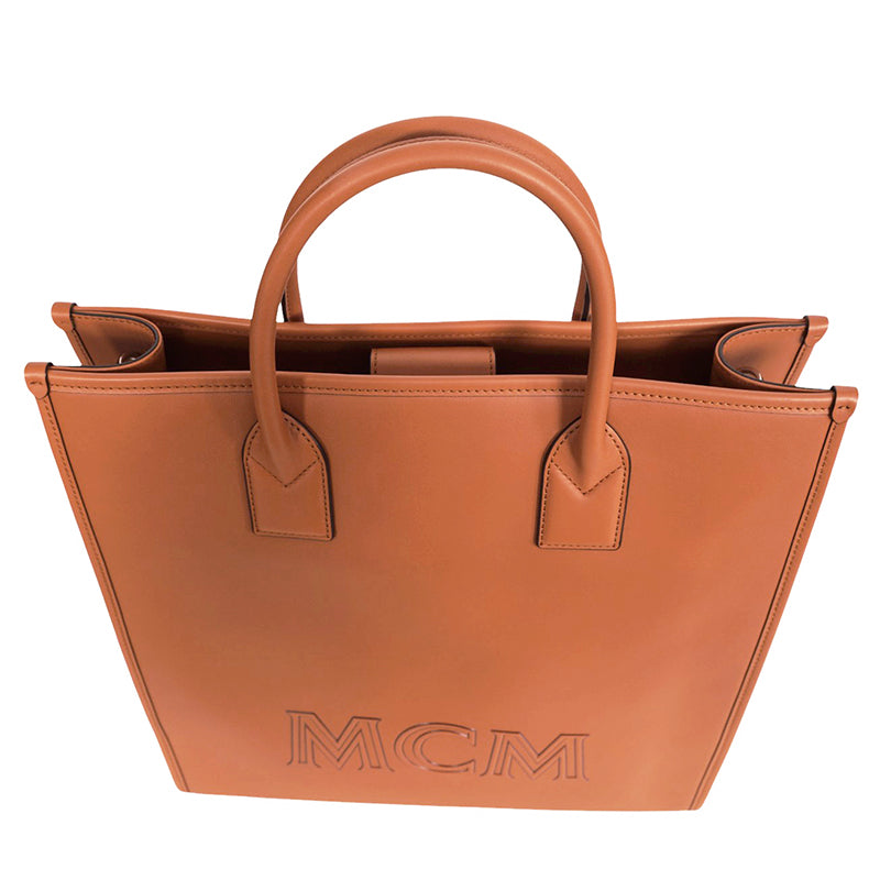 NEW $1,090 MCM Cognac Spanish Calf Leather LOGO Medium KLASSIK Tote BAG & STRAP