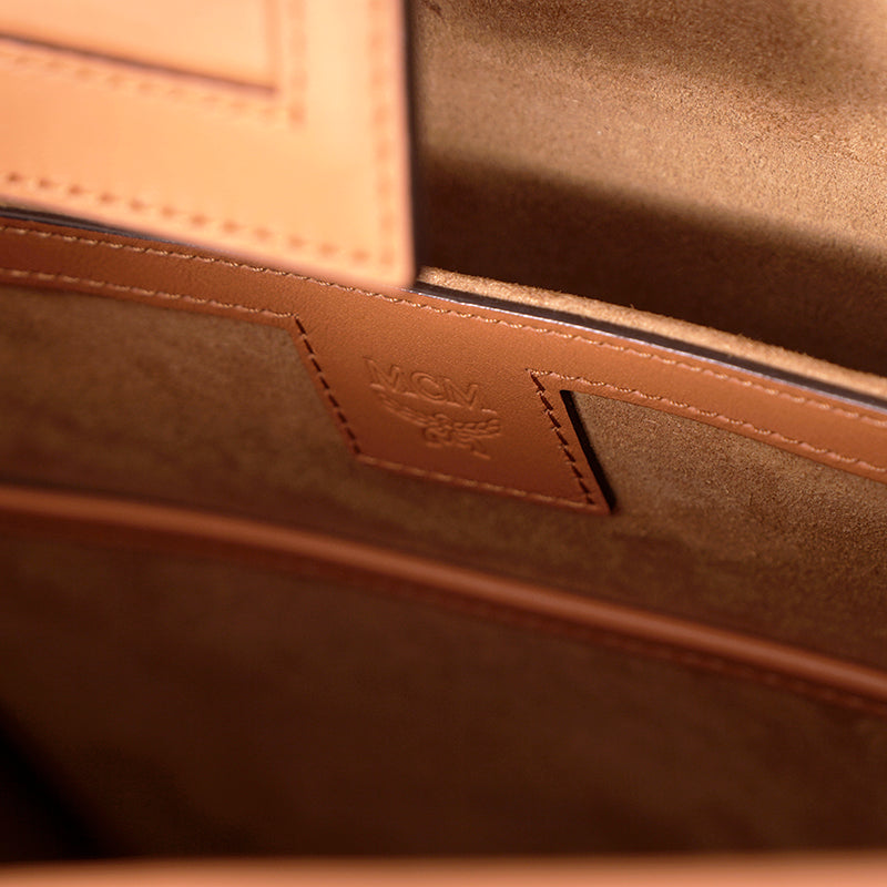 NEW $1,090 MCM Cognac Spanish Calf Leather LOGO Medium KLASSIK Tote BAG & STRAP