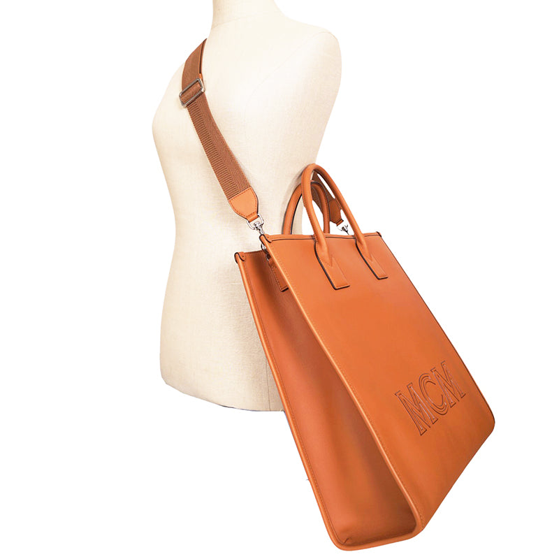 NEW $1,090 MCM Cognac Spanish Calf Leather LOGO Medium KLASSIK Tote BAG & STRAP