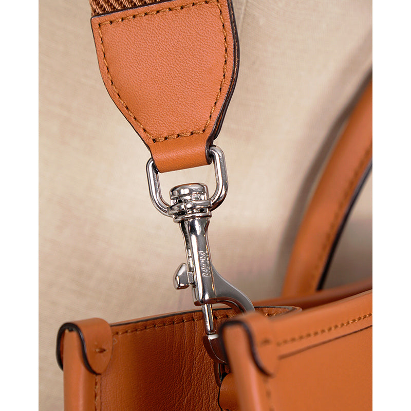 NEW $1,090 MCM Cognac Spanish Calf Leather LOGO Medium KLASSIK Tote BAG & STRAP