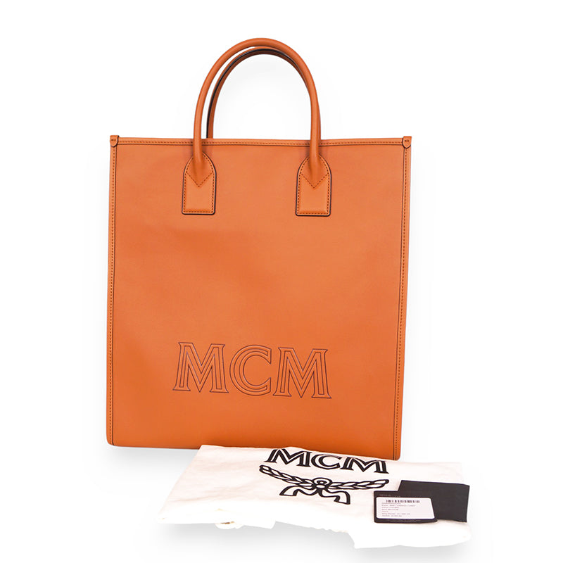 NEW $1,090 MCM Cognac Spanish Calf Leather LOGO Medium KLASSIK Tote BAG & STRAP