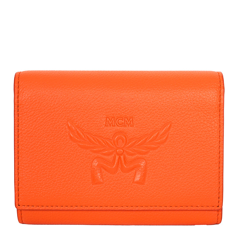 NEW $430 MCM Orange Embossed LOGO HIMMEL Small Trifold Compact Travel WALLET