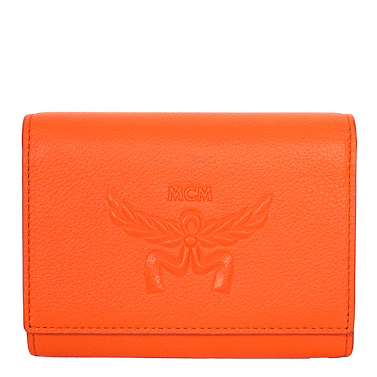 NEW $430 MCM Orange Embossed LOGO HIMMEL Small Trifold Compact Travel WALLET