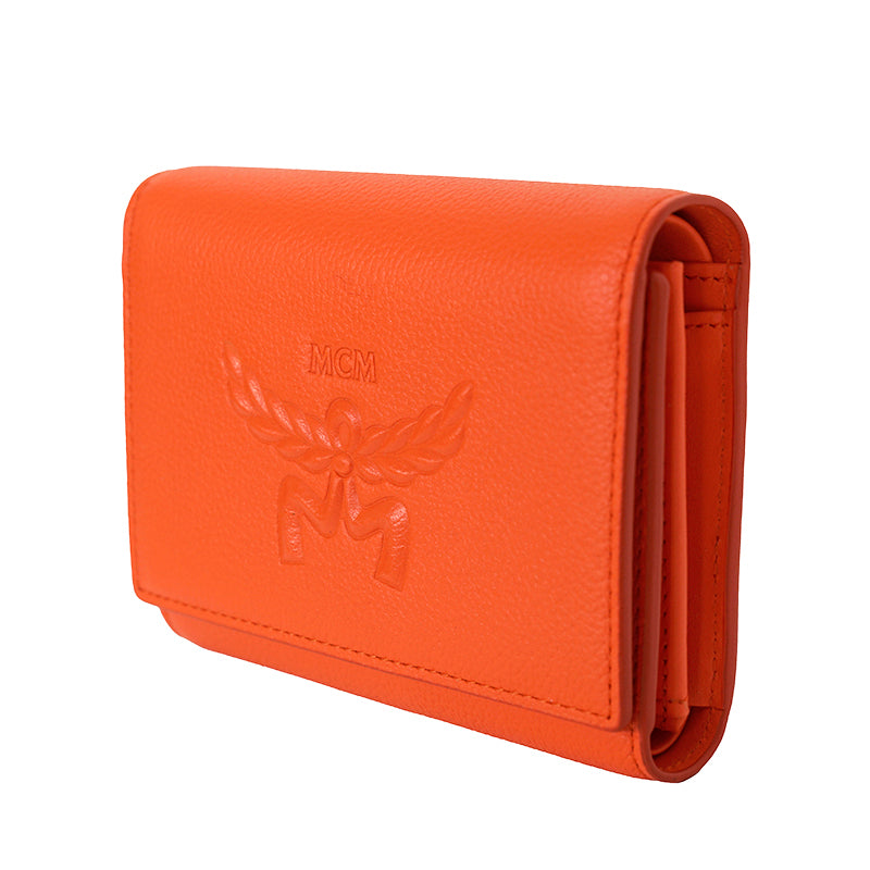 NEW $430 MCM Orange Embossed LOGO HIMMEL Small Trifold Compact Travel WALLET