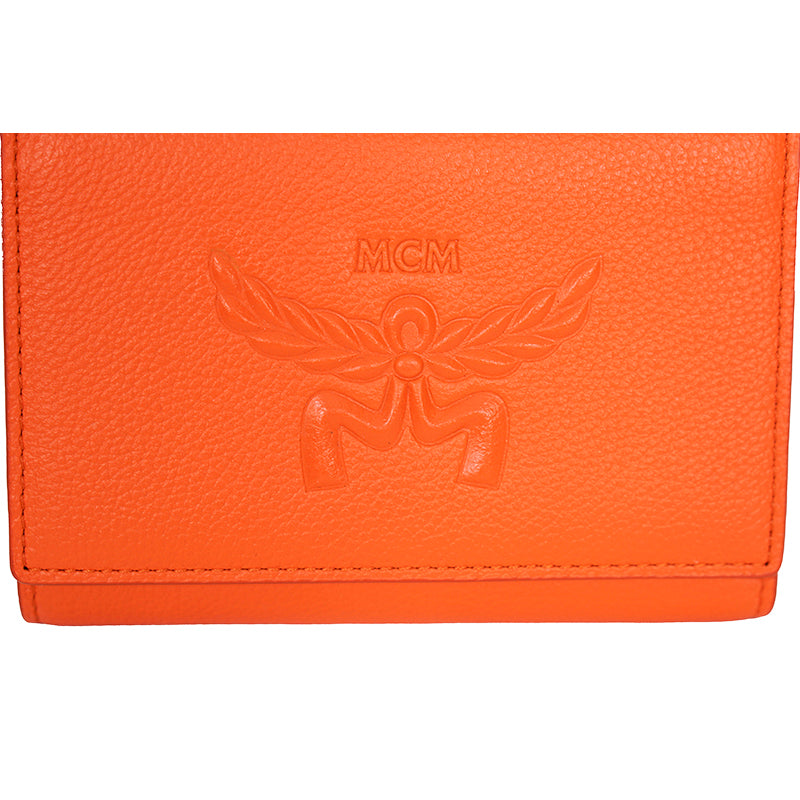 NEW $430 MCM Orange Embossed LOGO HIMMEL Small Trifold Compact Travel WALLET