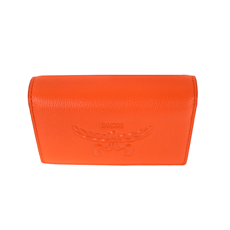 NEW $430 MCM Orange Embossed LOGO HIMMEL Small Trifold Compact Travel WALLET