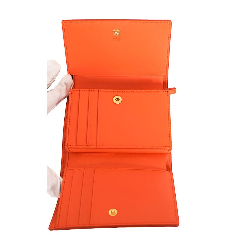 NEW $430 MCM Orange Embossed LOGO HIMMEL Small Trifold Compact Travel WALLET
