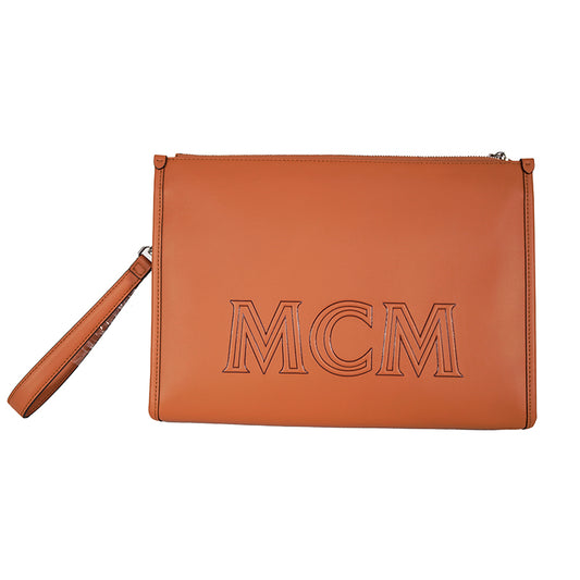 NEW $850 MCM Cognac Spanish Calf Leather LOGO AREN MESSENGER WRISTLET STRAP BAG