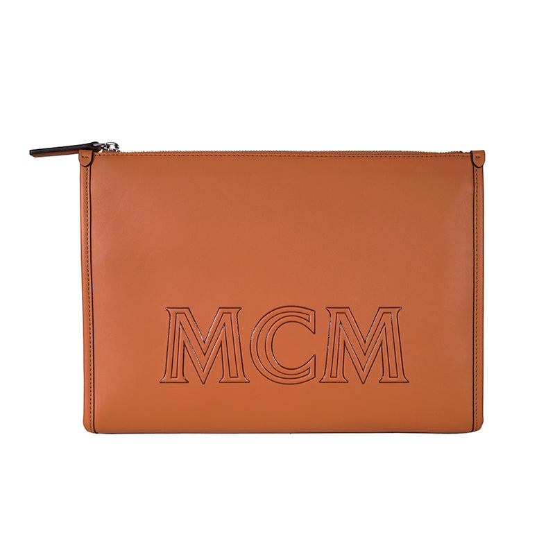 NEW $850 MCM Cognac Spanish Calf Leather LOGO AREN MESSENGER WRISTLET STRAP BAG