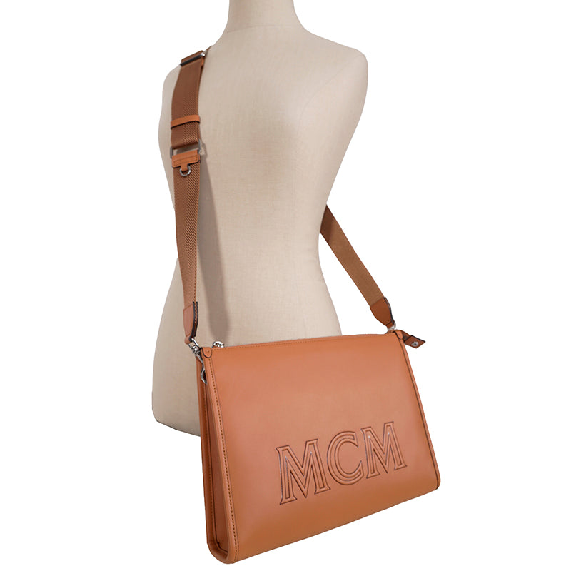 NEW $850 MCM Cognac Spanish Calf Leather LOGO AREN MESSENGER WRISTLET STRAP BAG