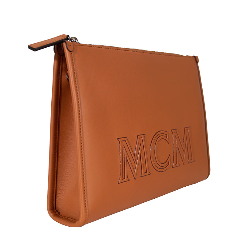 NEW $850 MCM Cognac Spanish Calf Leather LOGO AREN MESSENGER WRISTLET STRAP BAG